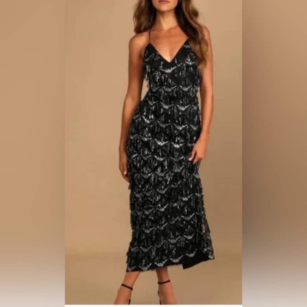 Lulu black and silver, beaded/sequence v neck spaghetti cross strap formal dress